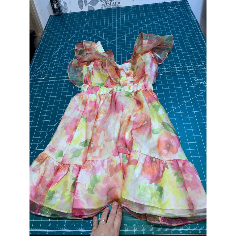 Mustard Seed Floral Love Pink Yellow Ruffle Mini Dress Small NWT